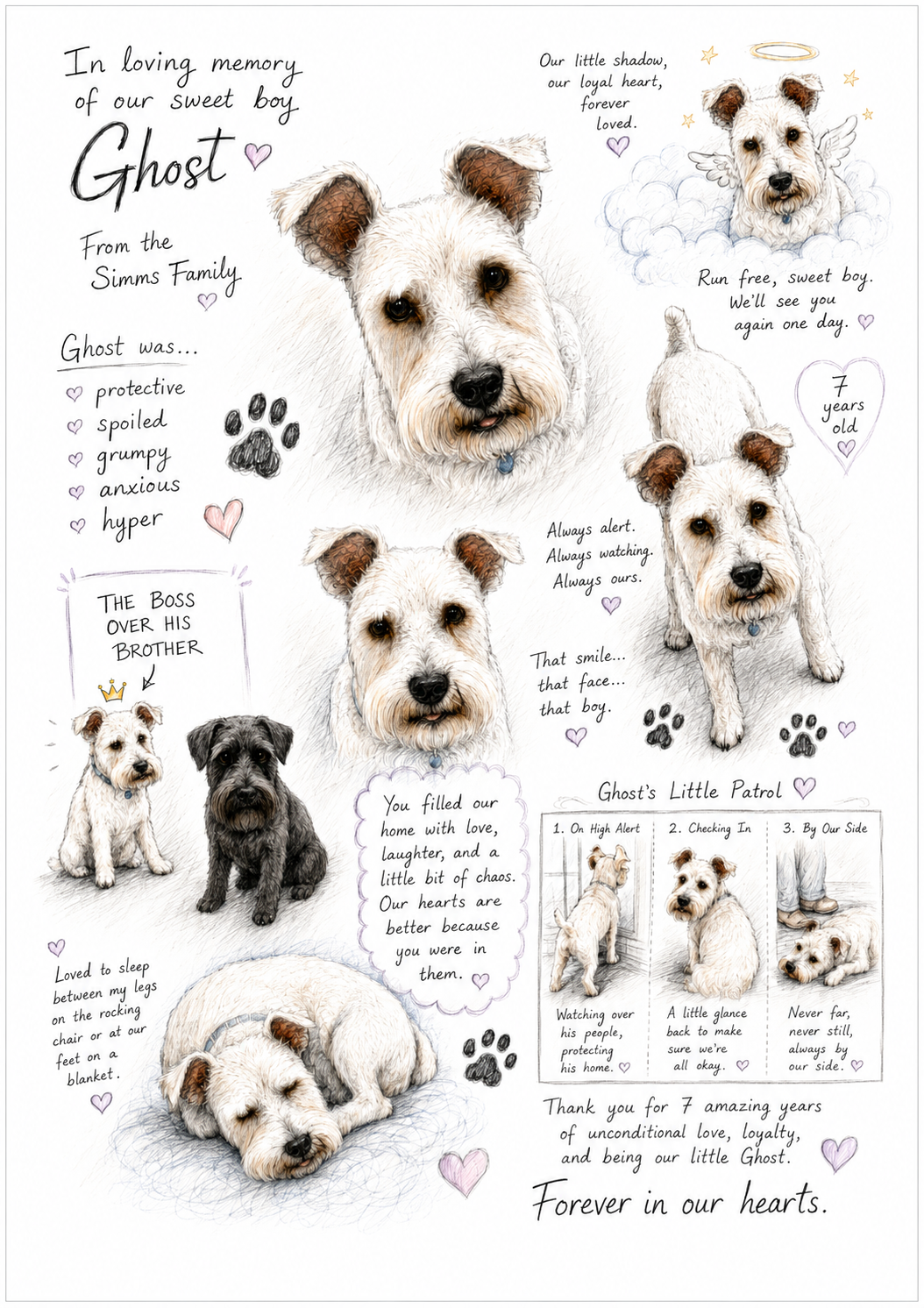 Custom pet memorial sketchbook art made from a pet photo