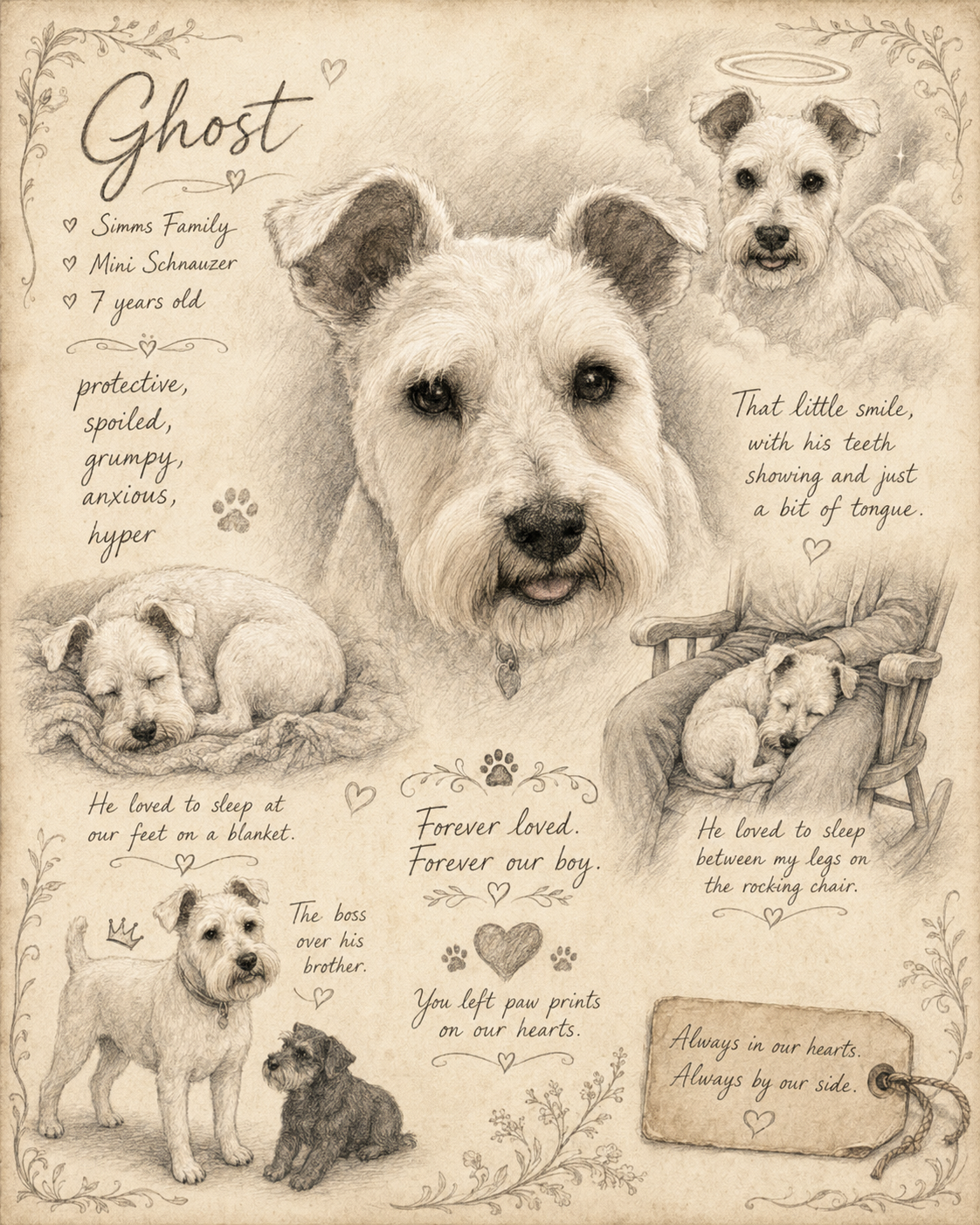 Custom pet sketchbook doodle art example with personality notes