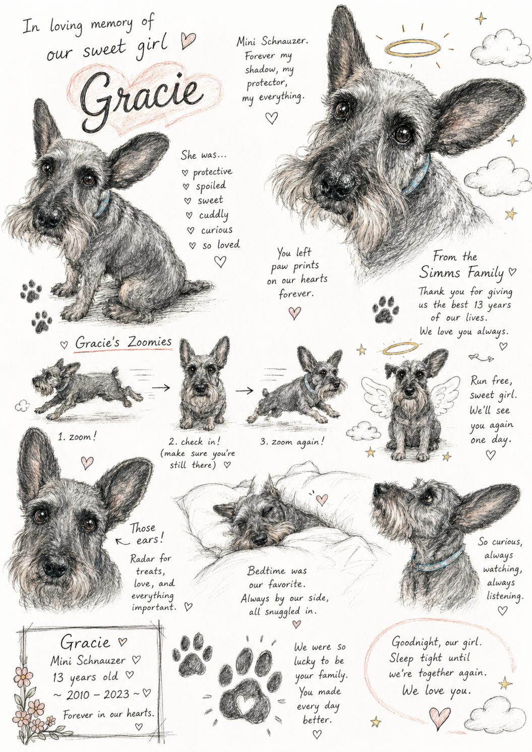 Dog memorial doodle art example with heartfelt sketchbook details